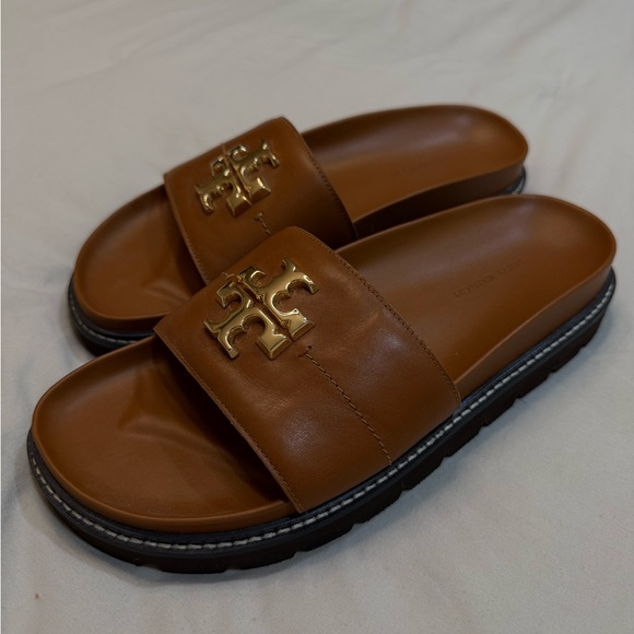 Tory Burch Brown Slide Sandals with Gold Logo